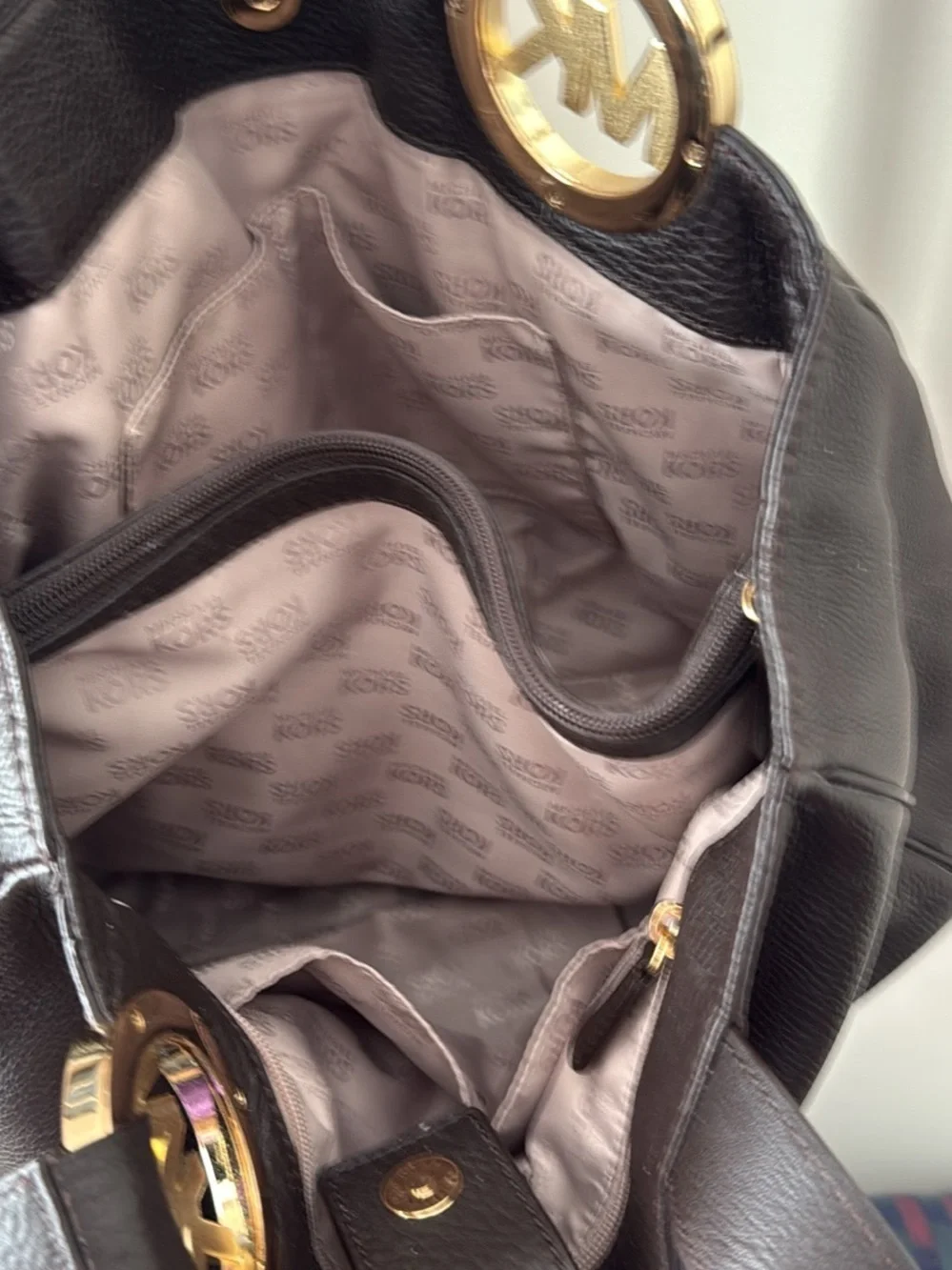 Michael Kors Dark Brown Pebbled Leather Tote with Gold MK Charm